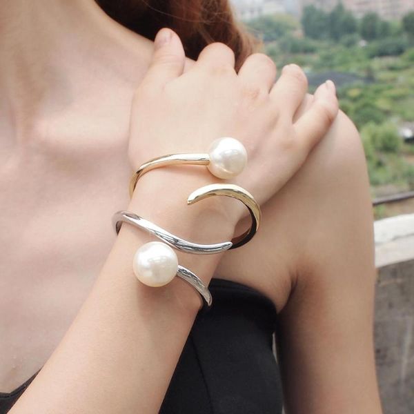 

manilai imitation pearl bracelets for women accessories fashion metal geometry cuff bangles statement jewelry wholesale gift, Black