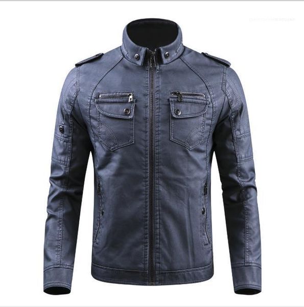 

solid color multi pocket coat mens winter designer stand collar leather outerwear luxury pu mens designer jacket fashion, Black