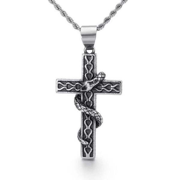 

stainless steel snake cross vintage christ jesus pendant necklace with rope chain thanksgiving days gift for him, Silver
