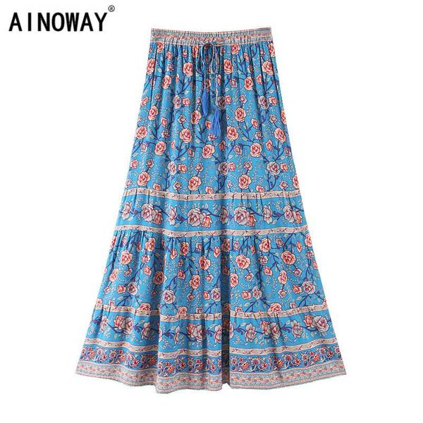 

summer fashion vintage chic women floral print beach bohemian skirt high elastic waist rayon a-line boho maxi skirts femme, Black