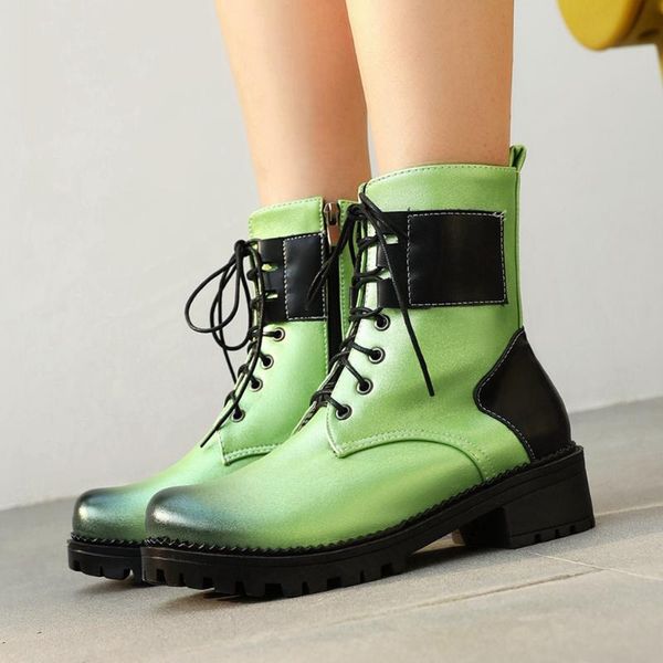

boots doratasia retro flock women med heel solid shoes 2021 platform leisure round toe lace up mid calf, Black