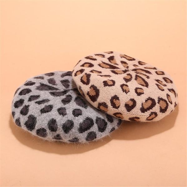 

lady autumn winter berets hat french retro style leopard pattern warm wool knitted beanie hat solid color headwear berets, Blue;gray