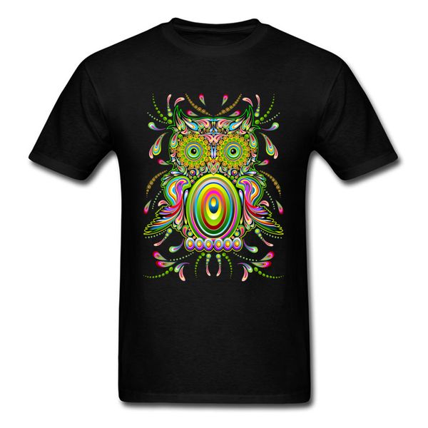

100% cotton fabric male owl psychedelic art t-shirts custom shirts 2018 round collar clothing shirt