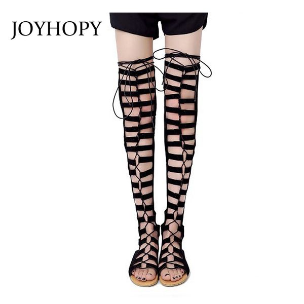 

boots joyhopy nubuck leather gladiator sandals fashion suede womens thigh high summer hollow out over the knee flat wp1350, Black