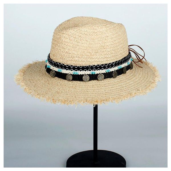 

wide brim hats 9 stlye bohemia summer women travel beach sun hat elegant lady 100% raffia straw panama sunbonnet sunhat size 56-58cm, Blue;gray