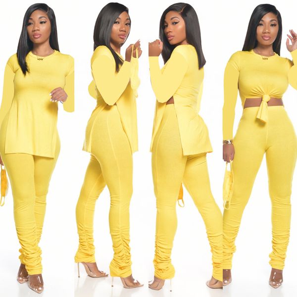 

womens two piece pants solid color split tshirt stacked pants sets fashion casual suit female clothing, White