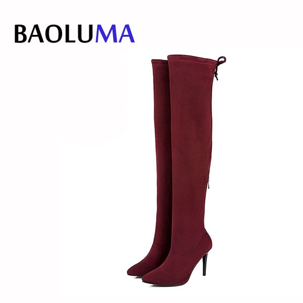 

women stretch faux suede thigh high new zipper boots fashion over the knee boots high heels woman shoes winered shoes woman, Black