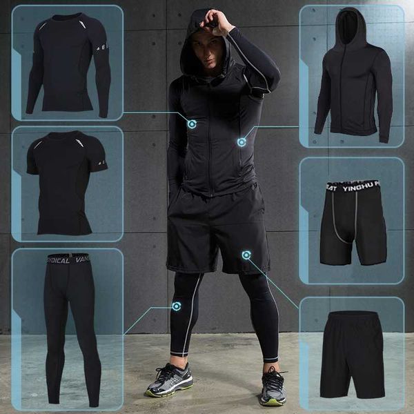 

new men's sport suits sportswear running training sets quick dry basketball jogging suits compression sports gym fitness clothes, Black;blue