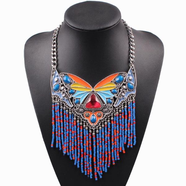 

2020 new arrival design fashion brand pendant necklace butterfly crystal bead tassel chunky statement chain necklace for women, Silver