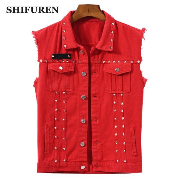 Shifuren Homens Denim Colete Punk Rock Style Rebite Cowboy Calças de Jeans Vermelho Colete Single-Breasted Masculino Motocicleta Morela Casaco sem mangas