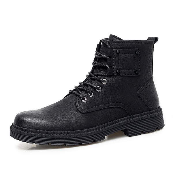 

boots warm winter ankle men casual shoes lace-up autumn genuine leather waterproof work tooling mens, Black
