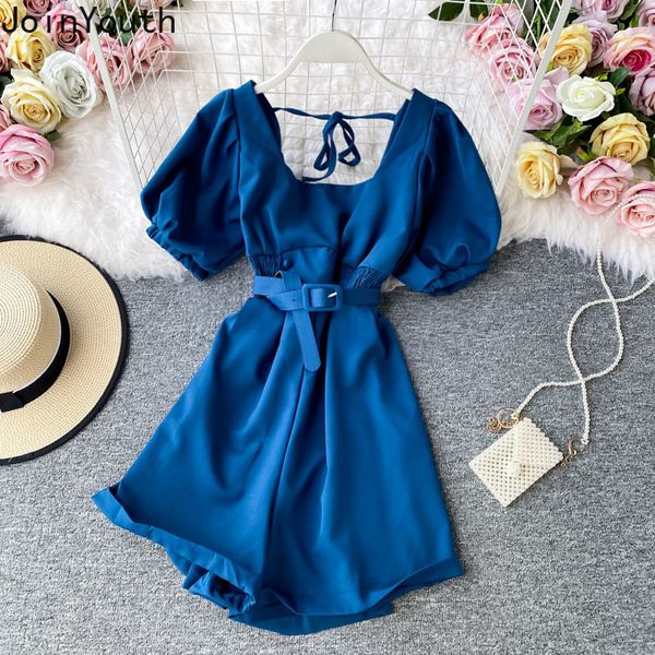 

joinyouth jumpsuits for women 2020 summer korean clothing elegant puff sleeve square collar bodysuit lace up lbackless playsuit, Black;white