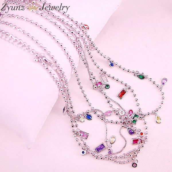 

5pcs, new sparking micro pave tear drop /round chocker cz dots colours charms chain thin cz stone pendant necklace women jewelry, Golden;silver