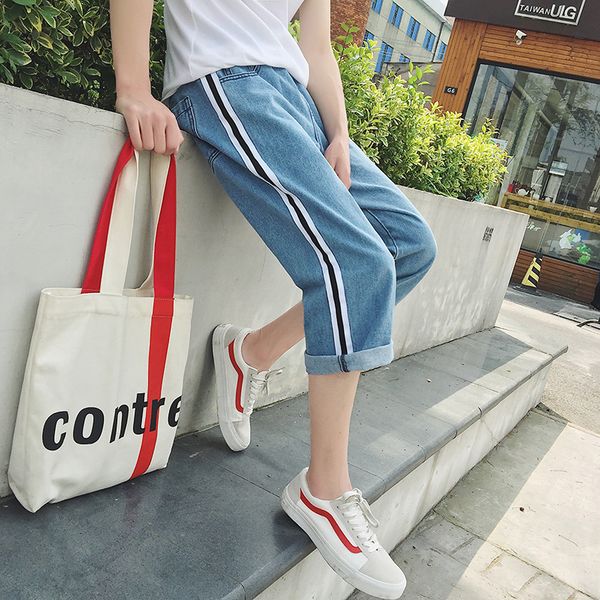 

spliced plus size men punk baggy jean shorts straight straight denim short trousers men summer pockets jeans masculino, Blue