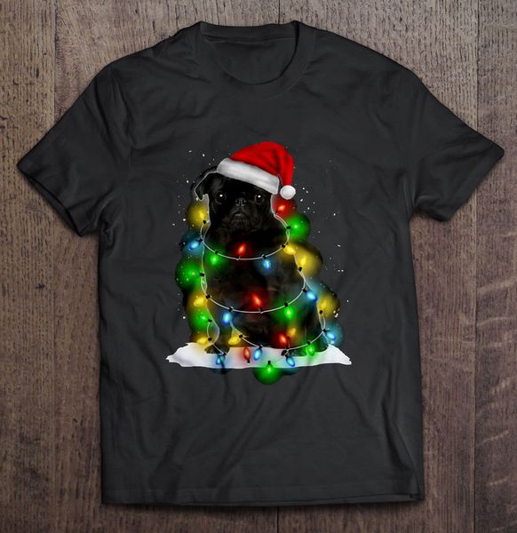 

men funny t shirt fashion tshirt black pug dog christmas light women t-shirt