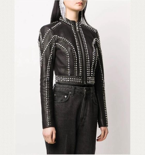 

woman coats natural 100% 2020 fashion female real sheepskin leather diamonds jackets, Black