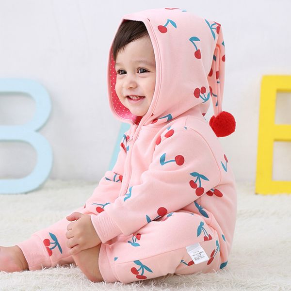 

autumn and winter one-piece wizard hat sweater cotton double layer cherry printing men and women treasure jump suit baby clothes one to be s, Blue