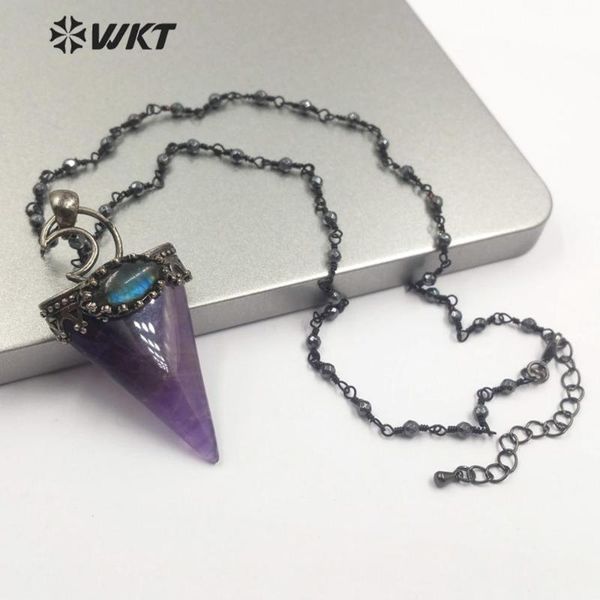 

wt-n1182 triangle shape with moon carving pendant necklace natural colorful stone necklace hematite beads chain jewelry, Silver