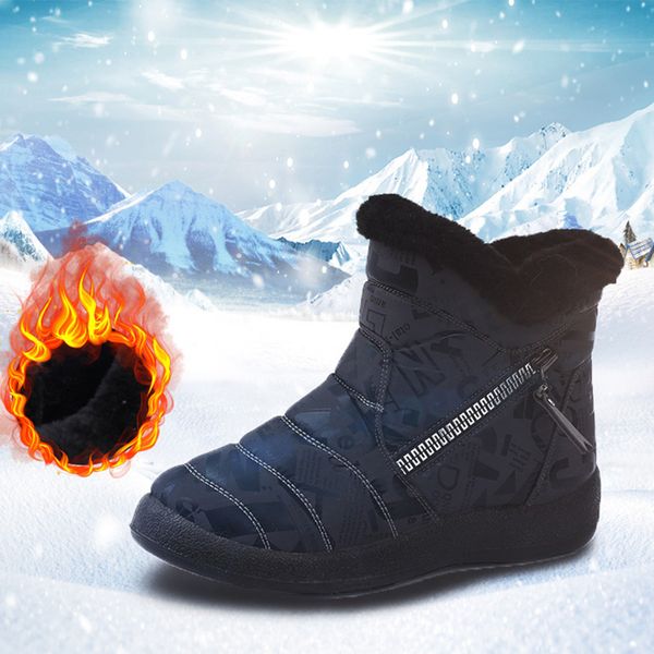 

women snow boots shoes warm winter woman sewing plush female fashion graffiti ankle boots zipper platform flat faux fur ladies, Black