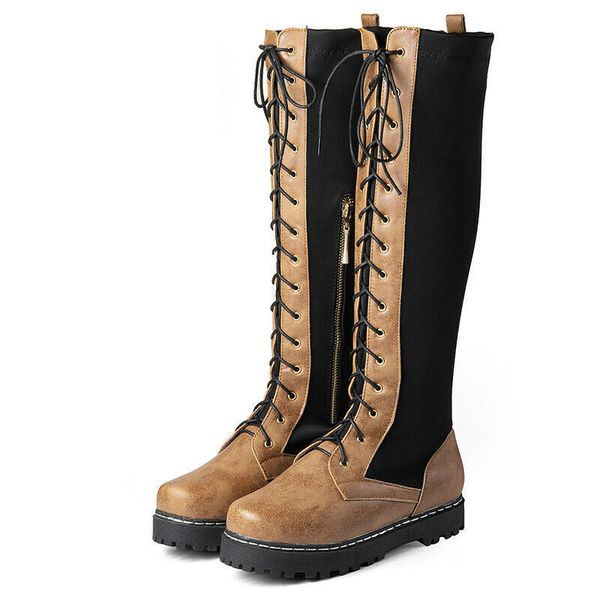 

eur35-52 women lace up riding knee high boots stretchy punk motorcycle shoes warm winter fleece liner big size, Black