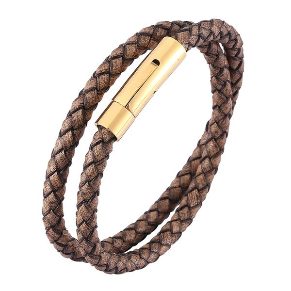 

men women brown genuine leather braided bracelet punk fashion steel buckle simple leather bangle vintage jewelry gift c0491, Golden;silver
