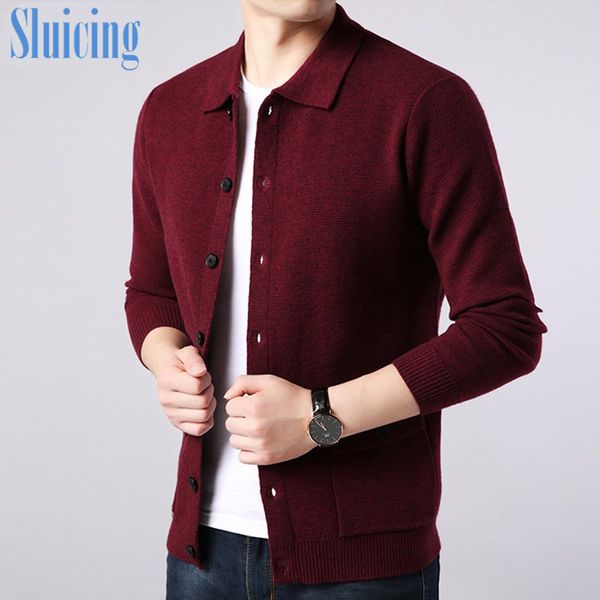 

sluicing 100% pure wool high-end quality men's knitted cardigan lapel solid color cardigan men's button, White;black
