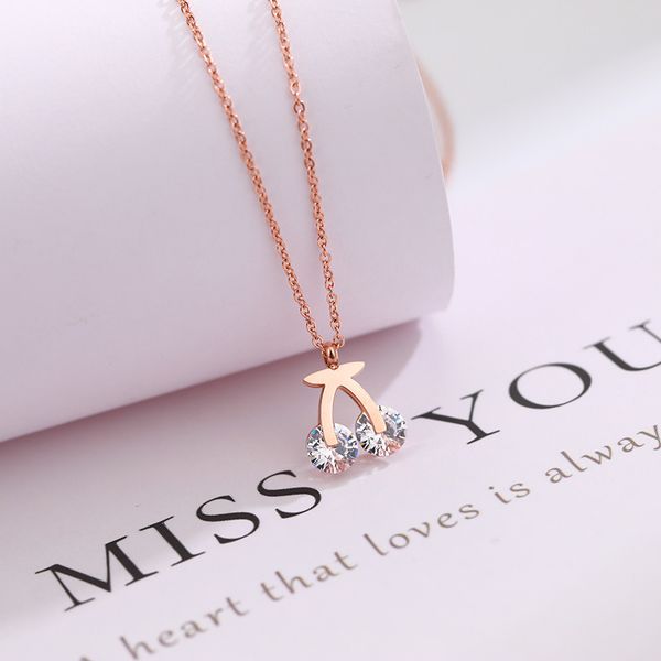 

fashion crystal cherry stainless steel pendant necklace summer clavicle chain women's jewelry accessories gift, Silver