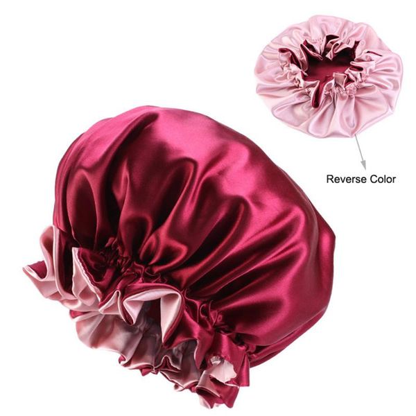 

women salon double layer reusable waterproof satin elastic band solid shower cap bathing spa extra large hair bonnet protective