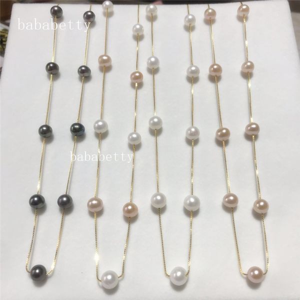 

new natural freshwateraaa white pink black multicolor 7-8mm nearly circular pearl 925 sterling silver necklace