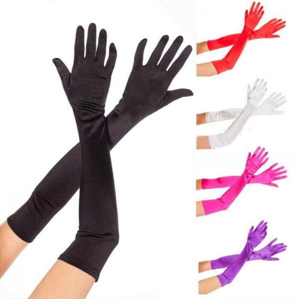 

five fingers gloves women evening party formal satin long finger mittens solid color opera length, Blue;gray