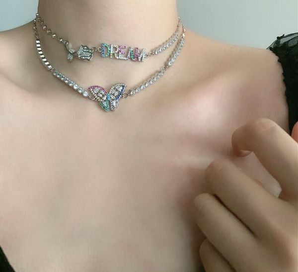 

new designer style colorful dream butterfly clavicle chain micro-inlaid zircon rhinestone letters rose chocker, Golden;silver