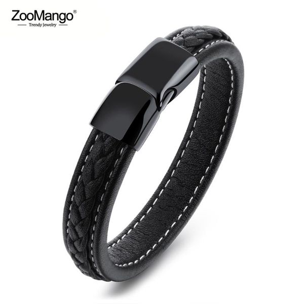 

tennis zoomango genuine black leather wrap bracelets for men stainless steel magnet buckle charm & bangle jewelry zoph1101, Golden;silver