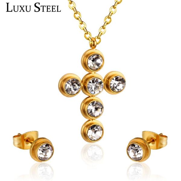 

luxusteel wedding jewelry cross earrings sets stainless steel cz pendant necklace femininas chains necklaces 2020 babygirl, Silver