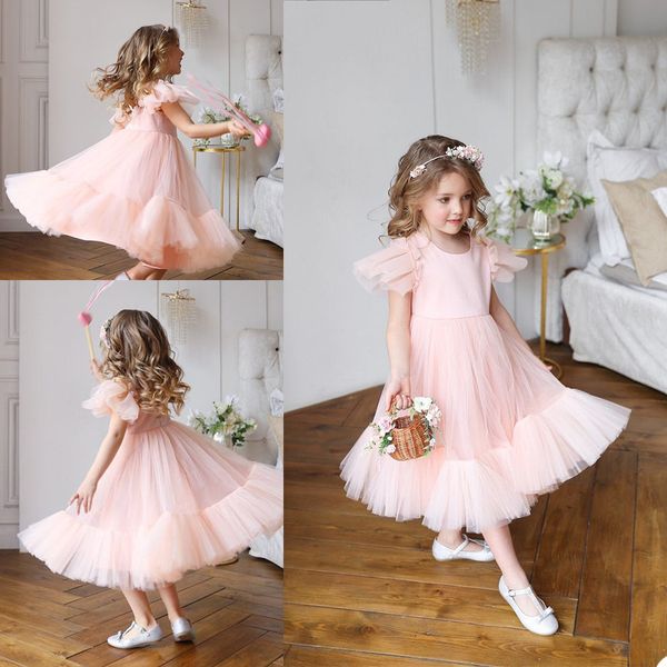 

2021 light pink flower girl dresses cap sleeves tulle tea length girls pageant gowns custom made kids birthday party dress, White;blue