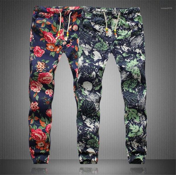 

joggers casual slim long pants mens sweatpants linen pants fashion contrast color male trousers spring autumn men floral print, Black