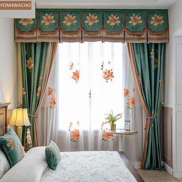 

custom curtain classical villa hand-painted embroidery american green thick cloth blackout curtain valance tulle panel c176