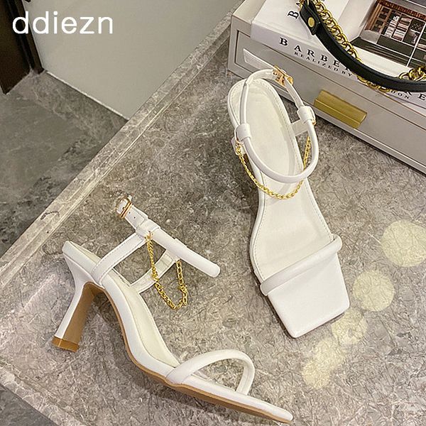 

2020 new women pumps fashion chain thin high heels sandals ladies open square toe thin belt shoes for woman dress women shoes, Black