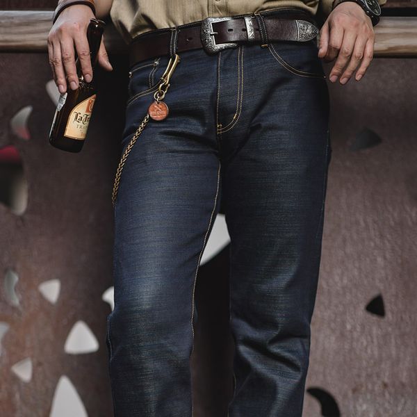 

men's jeans men colorful yarn puree red ear cow heavy retro denim trousers japan style vintage safari, Blue