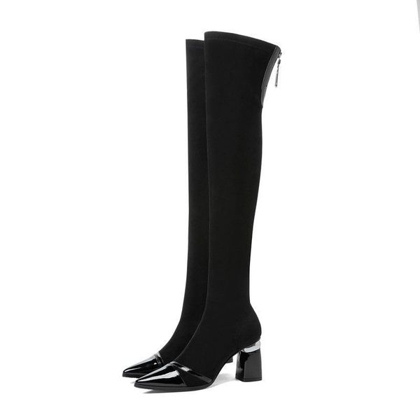 

new fashion pointed toe kid suede women knee high boots high heels shoes pu leather autumn winter boots classic black botas