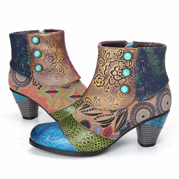 

boots women winter pu leather high heel floral printed patchwork female plush ankle boots fashion zipper, Black