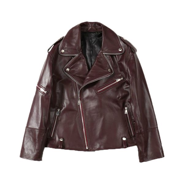 

autumn 2020 self-cultivation commuting zipper collar sheepskin long sleeve leather jacket wine red black apricot red
