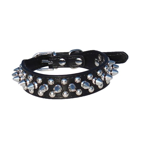 

leather spiked studded dog collar 1" wide for small/x-small breeds and puppies (black, m: for neck 8-10
