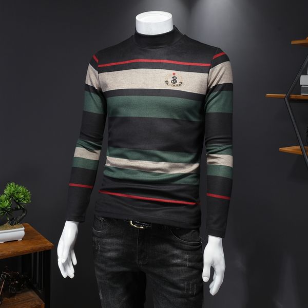

2020 new fashion brand embroidery autumn and winter high neck bottoming shirt men's slim striped jacquard thick warm t-shirt, White;black