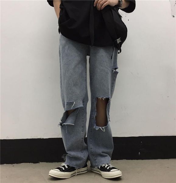

2020 spring and autumn new youth popular men's loose solid color harajuku style hole elastic high-rise straight-leg jeans, Blue