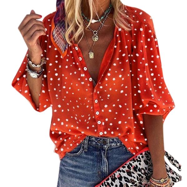 

vicabo large szie womens blouses black dots printed turn-down collar casual clothes three quarter sleeve buttons shirts, White