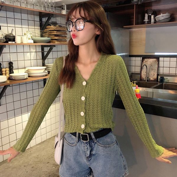 

solid color v-neck sweater autumn knitted cardigans slim single breasted ladies korean sweet pull femme, White