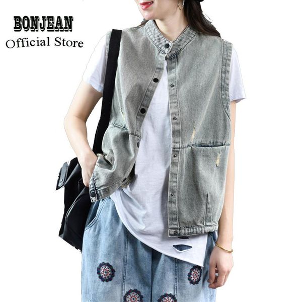 

women denim jacket sleeveless outwear vest bleached solid color fashion casual for spring az18621328, Black;white