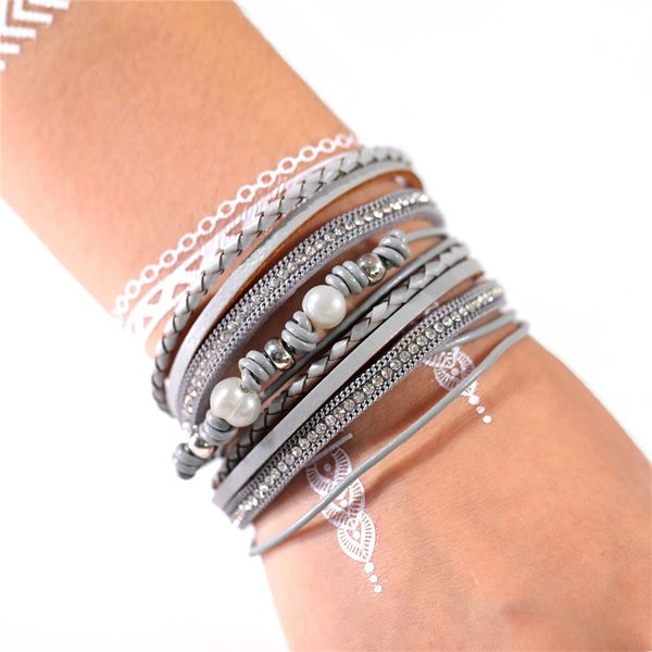 

charm bracelets fashion pearl multi layer leather for women vintage bracelet bangle woman elegant crystal wrap jewelry, Golden;silver