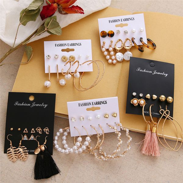 

fashion heart crystal pearl earring set for women oversize circle hoop earrings leopard acrylic tassel long earrings diy jewelry, Golden;silver
