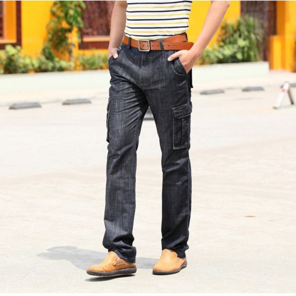 

mens denim cargo jeans loose straight jogger jeans full length casual big size blue multi-pockets plaid safari style mid